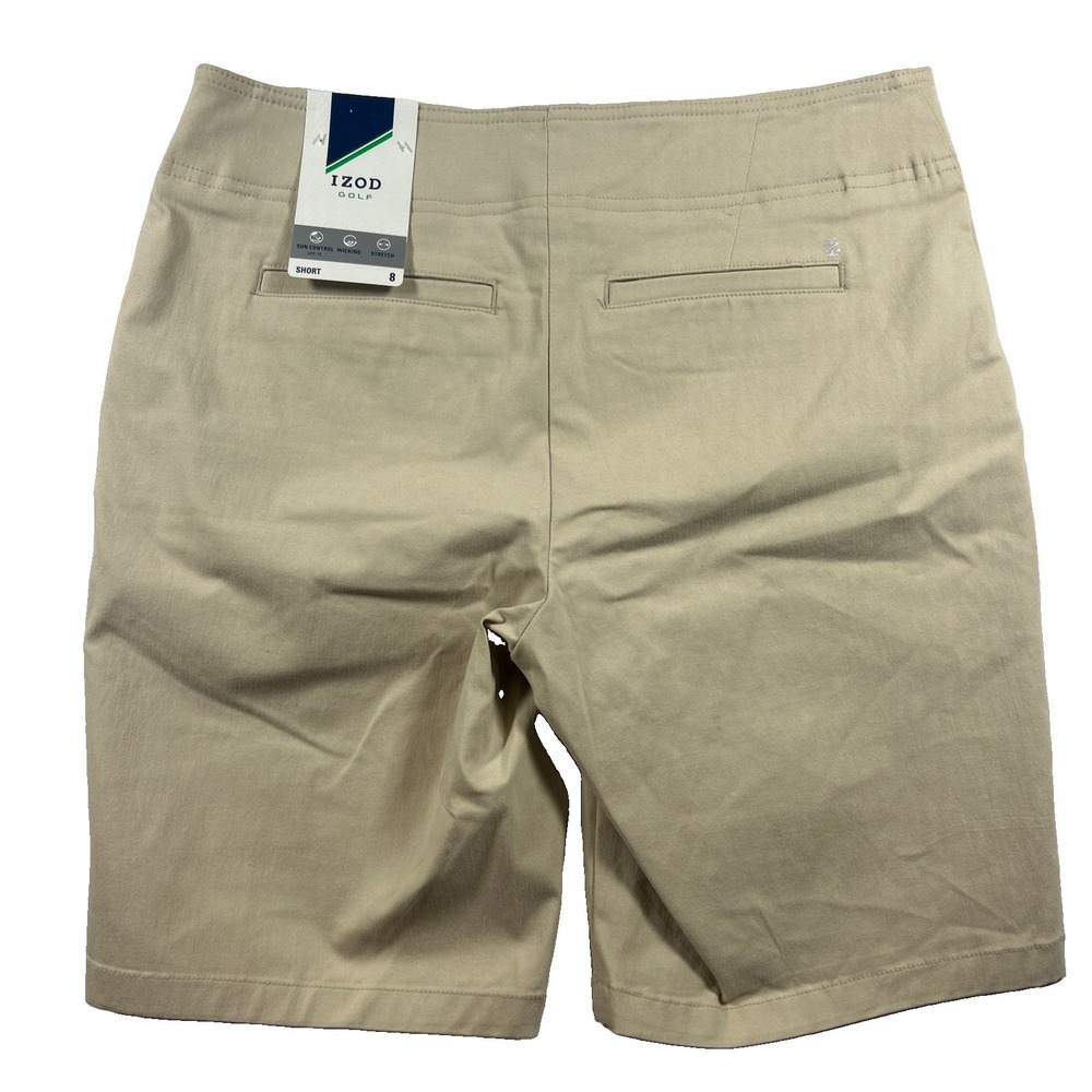 NWT IZOD Golf Shorts Mens Size 8 Tan Beige Wicking Stretch Flat Front 32 Waist